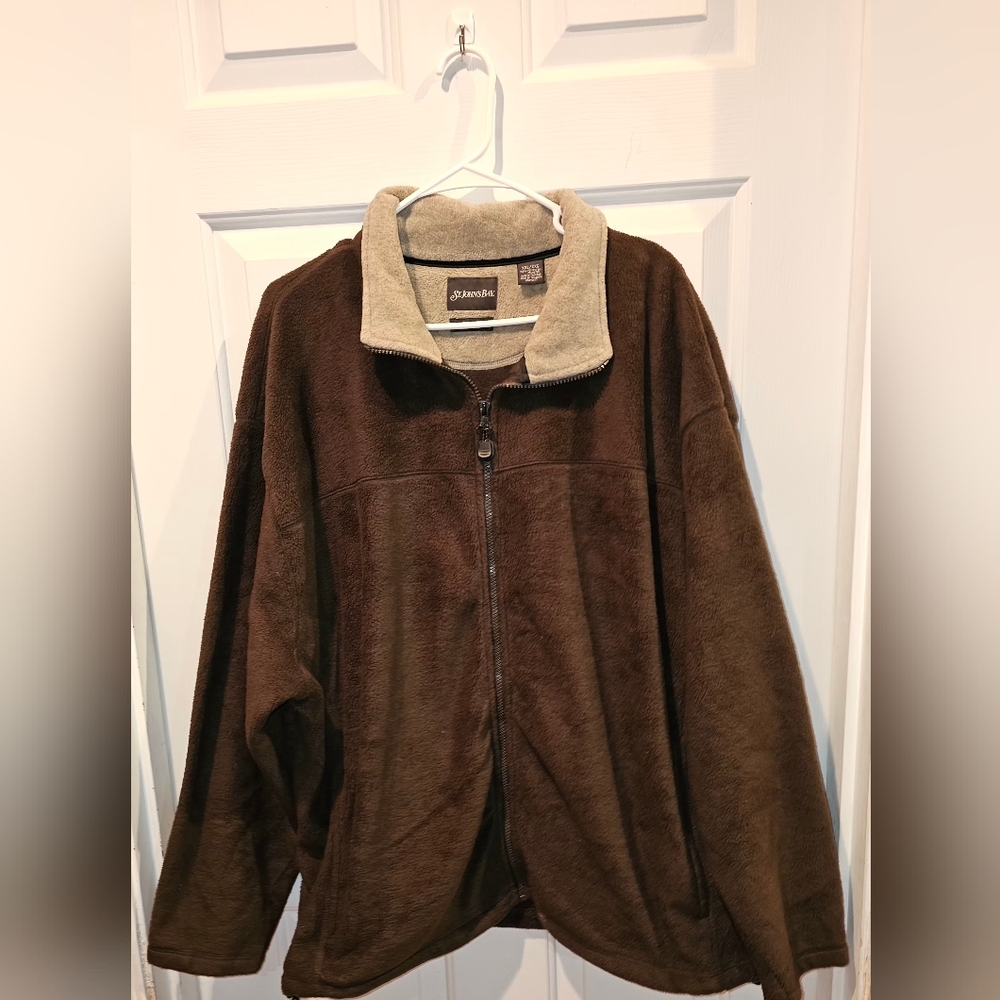 St. John's Bay men's full-zip fleece jacket in brown with a beige collar.
